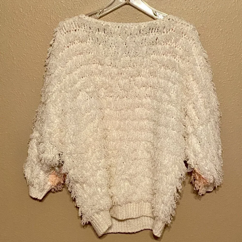 CRISTINA'S White Gray & Pink Pastel Shaggy Fluffy Sweater Hand Crochet Size (L)